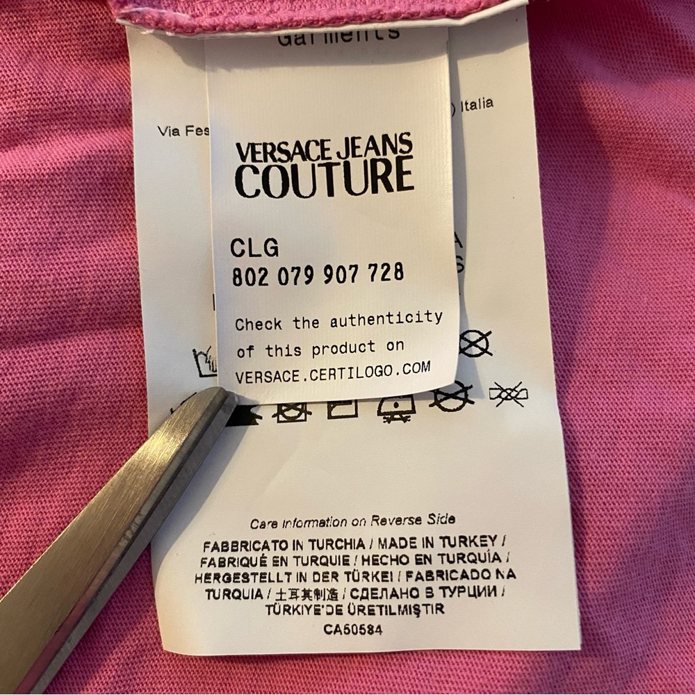 Versace Jeans Couture Pink Multicolor Embroidered Logo Tee | Size XXS - Picture 5 of 7